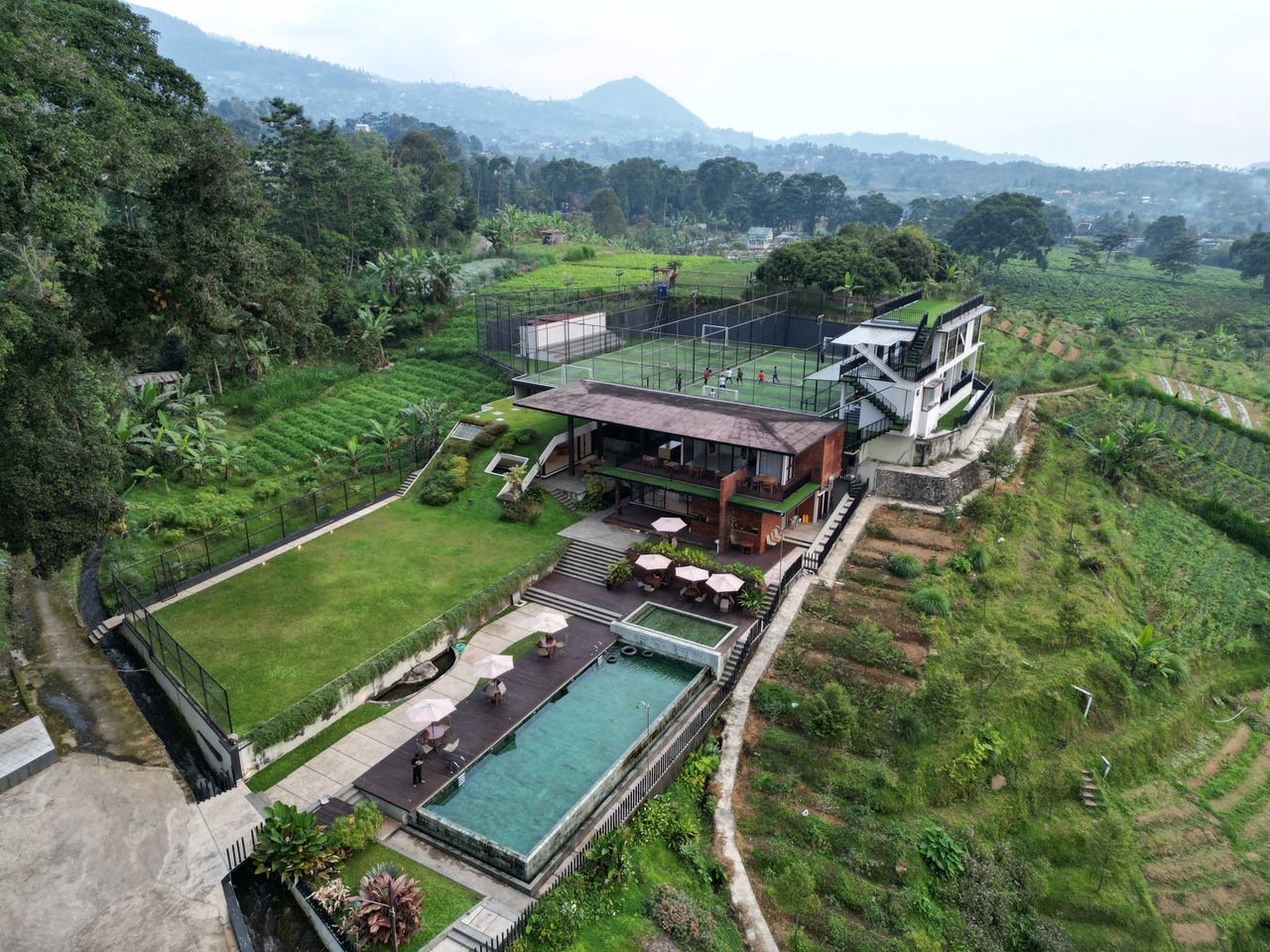 The Art of Drawing Readers In: Your attractive post title goes here Aerial view of a luxury resort and pool set amidst the lush greenery of Jawa Tengah, Indonesia.